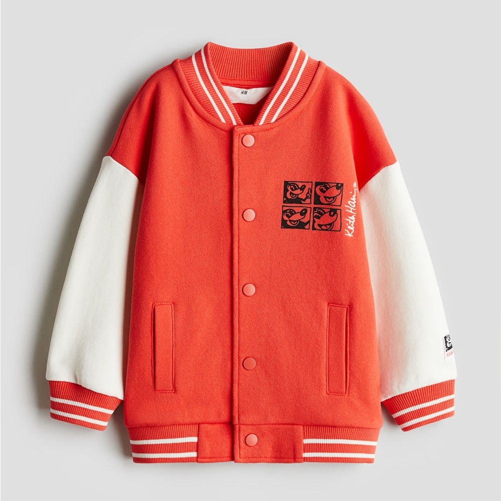 H&M x Mickey Mouse Red and White Oversized Baseball Jacket